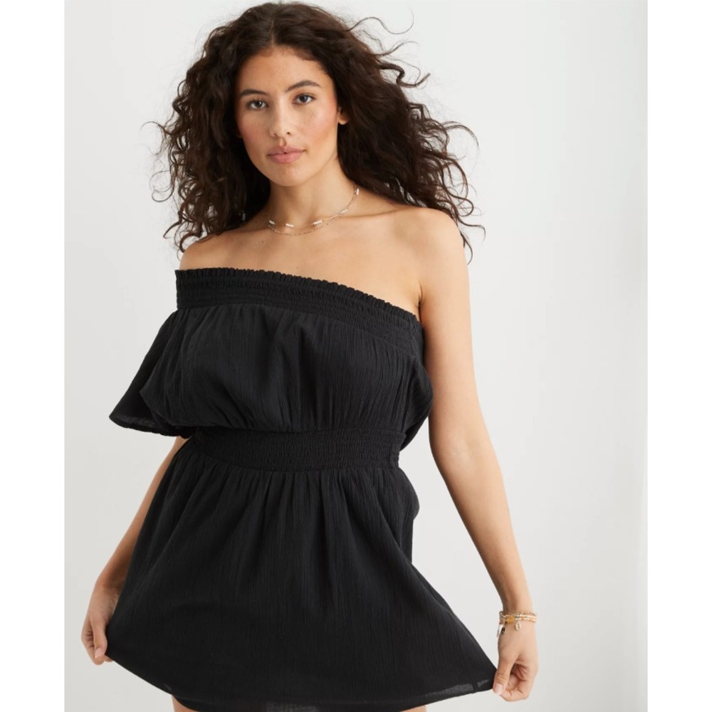 Aerie Black One Shoulder Mini Dress Sz S Boho Ruffle Festival Coastal Beach